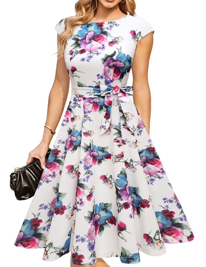DRESSTELLS Women's Coctail Dresses Semi Formal Floral Wedding Guest Spring Summer Fancy Garden Tea Party Dinner Plus Size Dress Print White Flower 3XL - Image 1